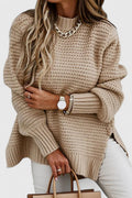 Women's Jumper Loose Fit with Side Slits and O-Neck - Apricot