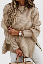 Women's Jumper Loose Fit with Side Slits and O-Neck - Apricot