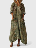 Women's Maxi Dress Relaxed Boho Fit with V-Neck and Deep Pockets - Green