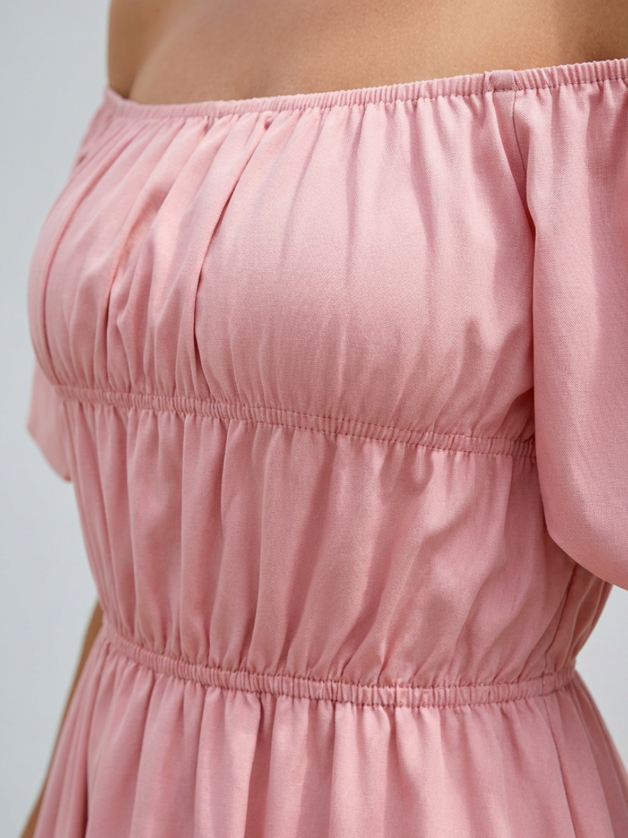 Women's Off-Shoulder Mini Dress with Puff Sleeves and A-Line Silhouette - Pink