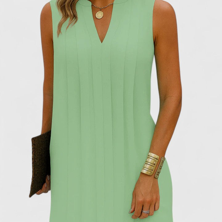 Women's Sleeveless Dress with V-Neck and Pleated Detail - 11