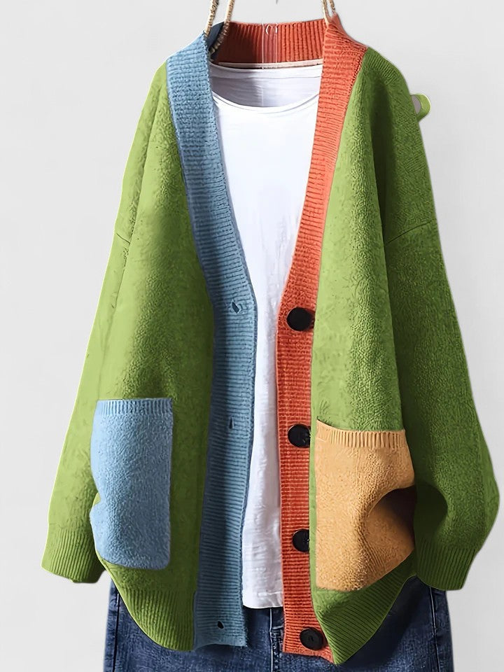 Women's Cardigan Oversized with Colour Block Trim and Patch Pockets - Green