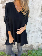 Women's Jumper Oversized with V-Neck and Ribbed Cuffs - Black