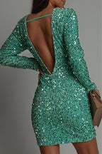 Women's Sequin Backless Mini Dress with Long Sleeves - 6