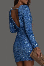 Women's Sequin Backless Mini Dress with Long Sleeves - 7