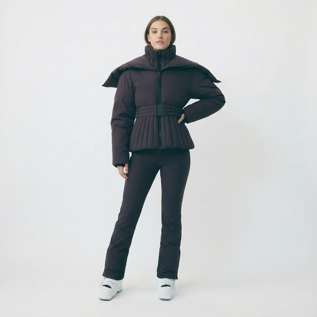 Women's Ski Jacket with Detachable Hood, Belted Fitted Waist - 10