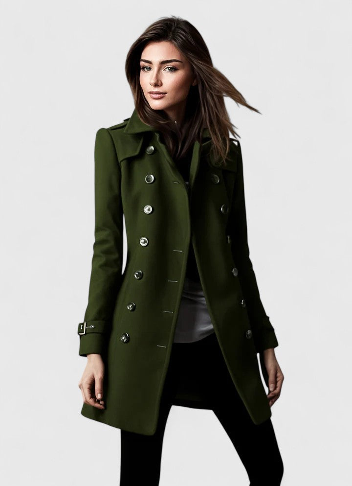 Women's Tailored Coat Double-Breasted with Notched Lapel - Green