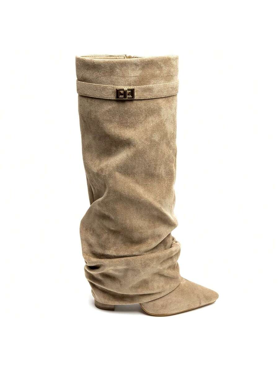 Women's Slouch Boots with Pointed Toe and Low Heel - Taupe