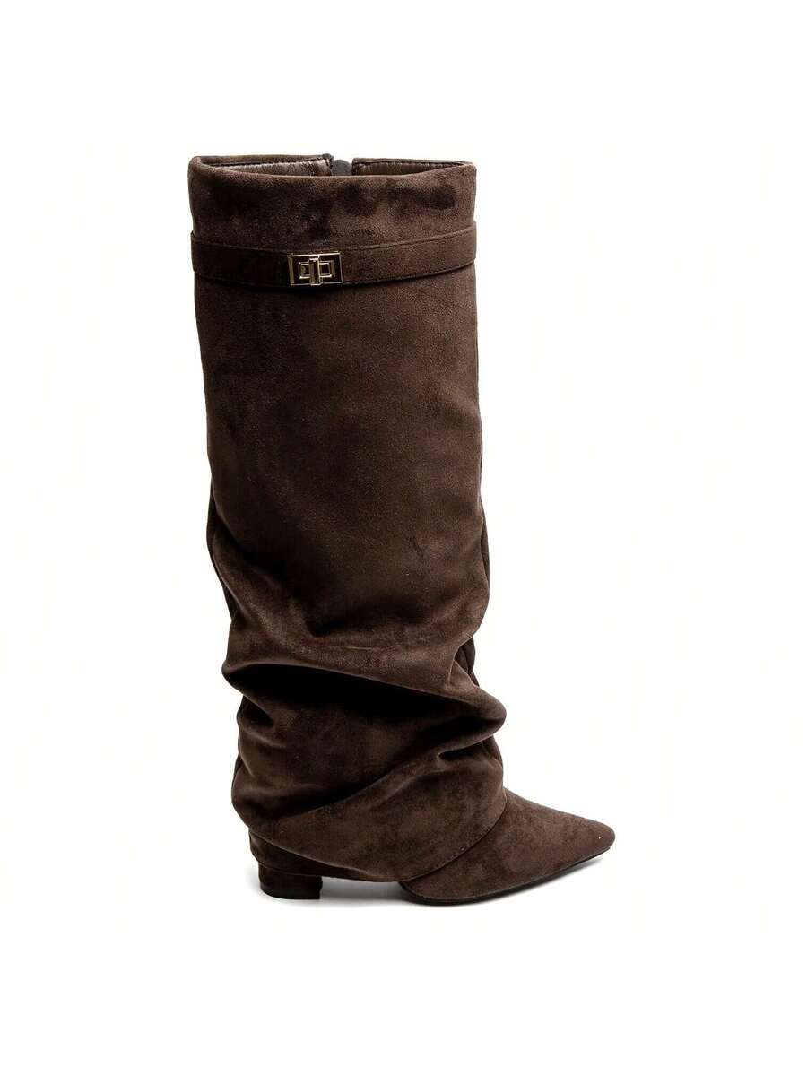 Women's Slouch Boots with Pointed Toe and Low Heel - Espresso
