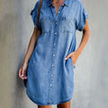 Women's Shirt Dress Short Sleeve Button-Up with Chest Pockets - Light Blue