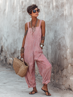 Women's Sleeveless Jumpsuit with Square Neck and Striped Pattern - 7
