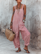Women's Sleeveless Jumpsuit with Square Neck and Striped Pattern - Red