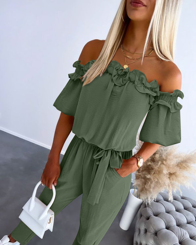 Women's Off-Shoulder Jumpsuit with Frill Trim and Tie Waist - Army Green