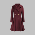 Women's Double-Breasted Long Sleeve Coat with Pleated Skirt - Burgundy