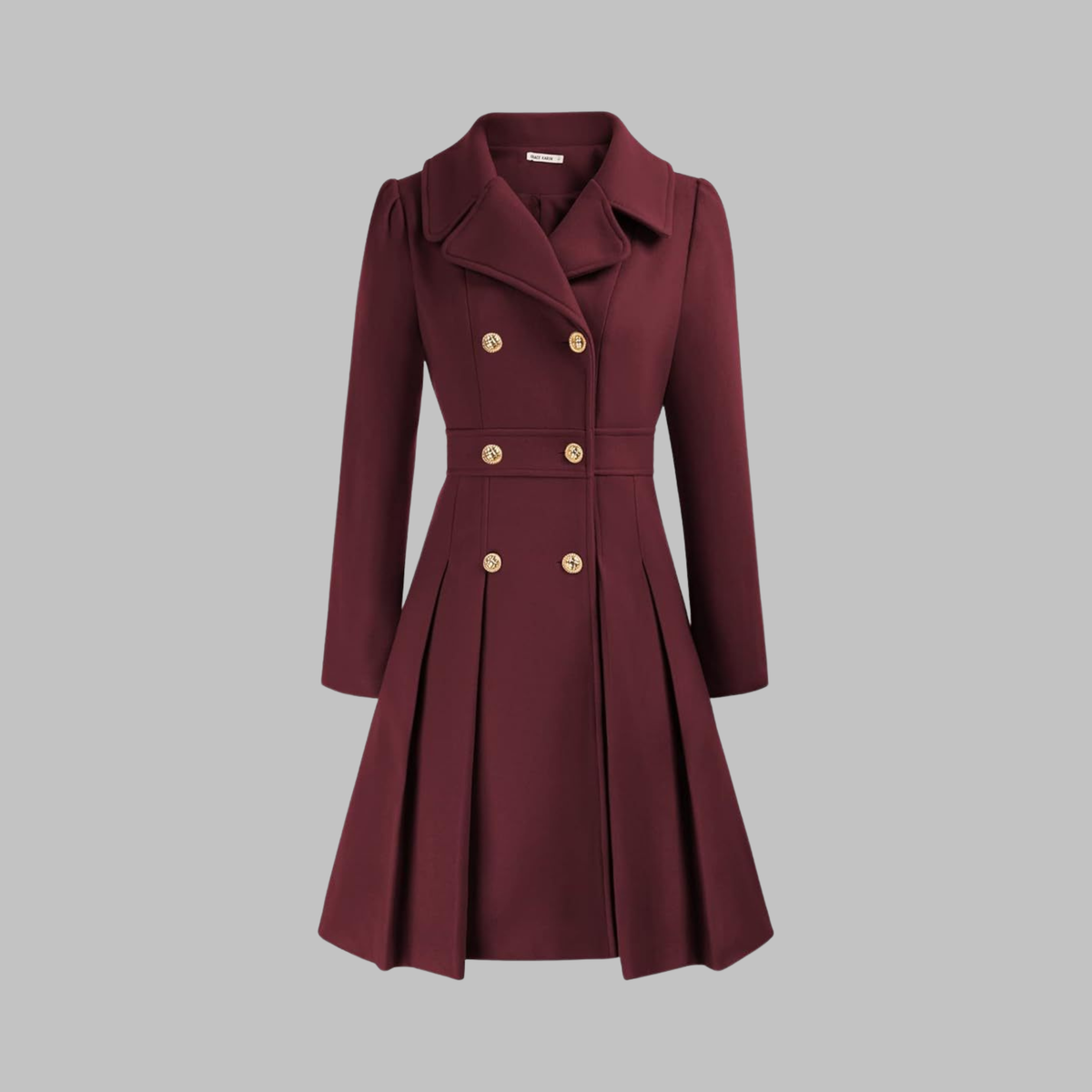 Women's Double-Breasted Long Sleeve Coat with Pleated Skirt - Burgundy
