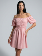 Women's Off-Shoulder Mini Dress with Puff Sleeves and A-Line Silhouette - 15