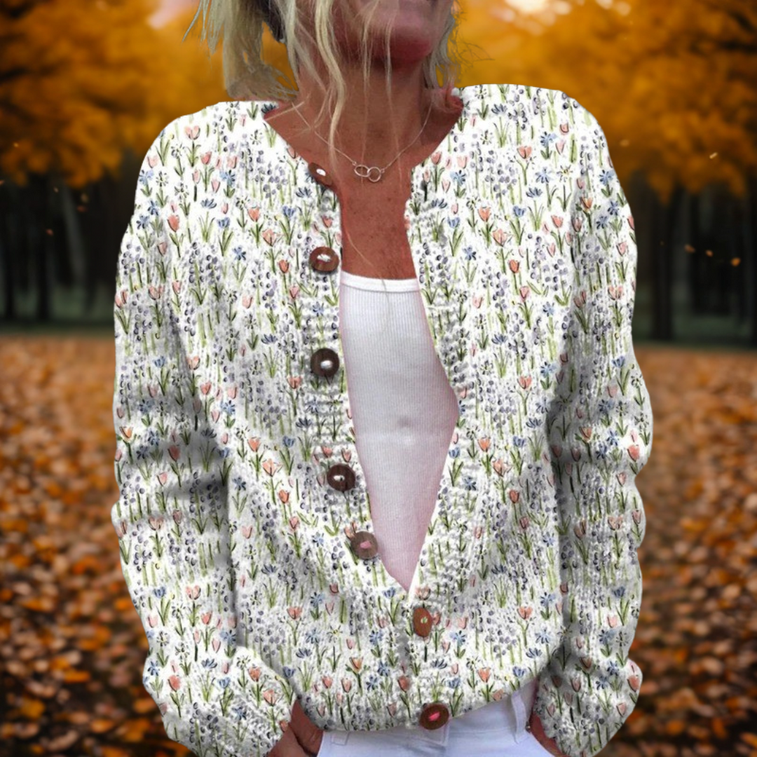 Women's Floral Print Cardigan with Button Front and Long Sleeves - Multicolour