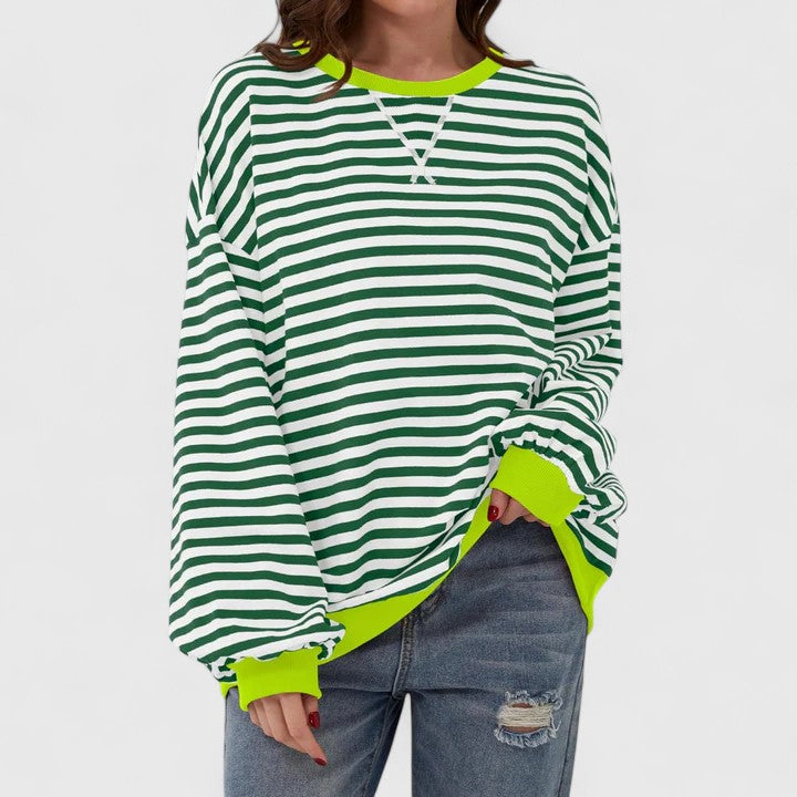 Women's Jumper Striped with Round Neck and Long Sleeves - Dark Green