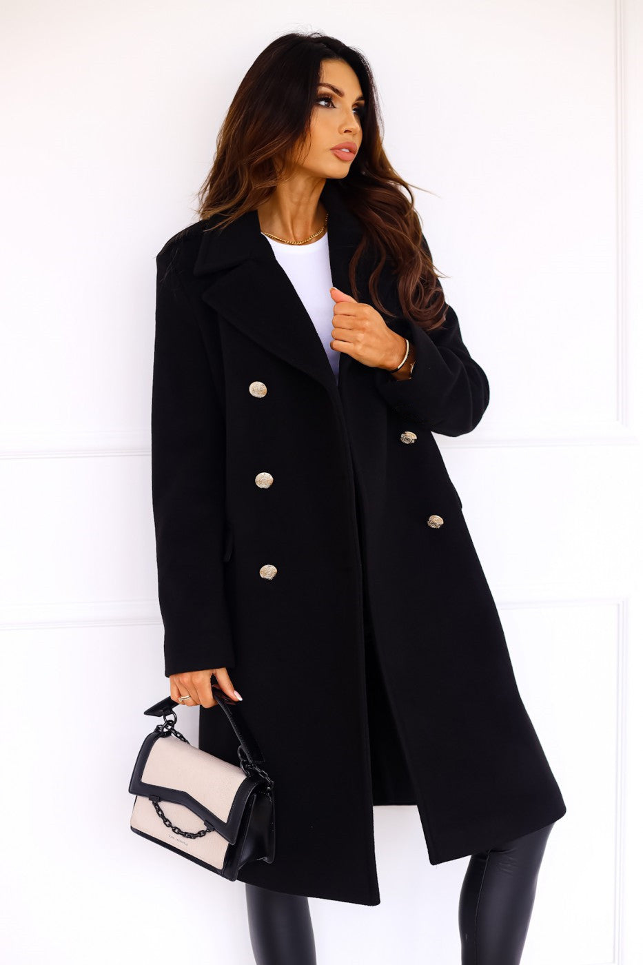 Women's Double-Breasted Wool Coat Gold Button Detail - 11