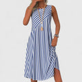 Women's Sleeveless Striped Dress with Round Neck and A-Line Silhouette - Blue and White