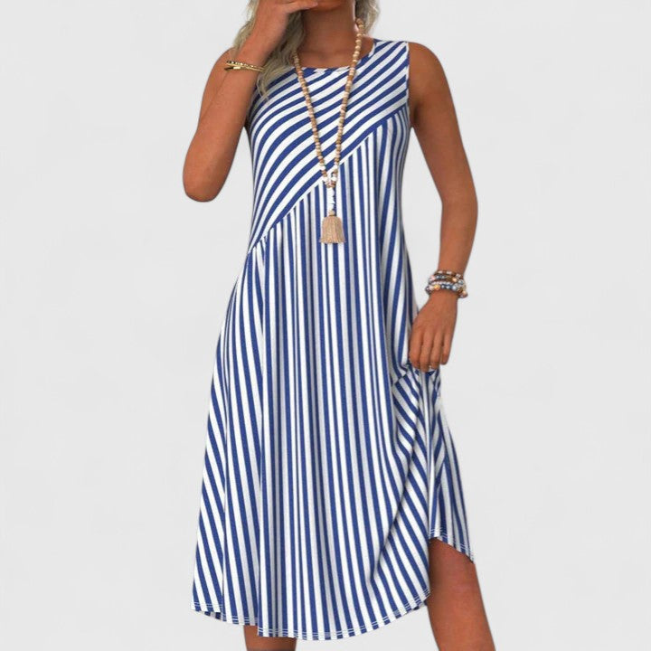 Women's Sleeveless Striped Dress with Round Neck and A-Line Silhouette - Blue and White