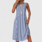 Women's Sleeveless Striped Dress with Round Neck and A-Line Silhouette - Blue and White