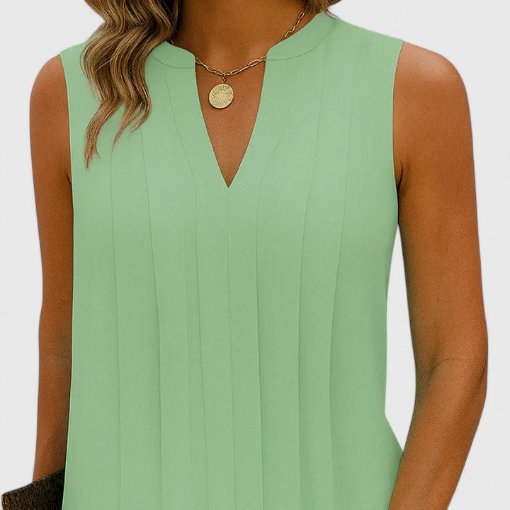 Women's Sleeveless Dress with V-Neck and Pleated Detail - 12