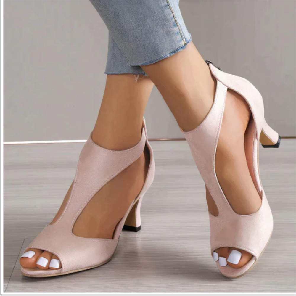 Women's Cut-Out Peep Toe Heels with Ankle Strap - Pink