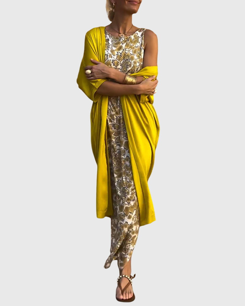 Women's Two-Piece Set with Printed Dress and Open-Front Jumper - 2