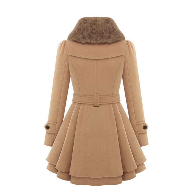 Women's Double-Breasted Coat with Faux Fur Collar and Belted Waist - 3