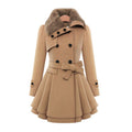 Women's Double-Breasted Coat with Faux Fur Collar and Belted Waist - Beige