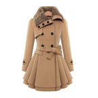 Women's Double-Breasted Coat with Faux Fur Collar and Belted Waist - Beige