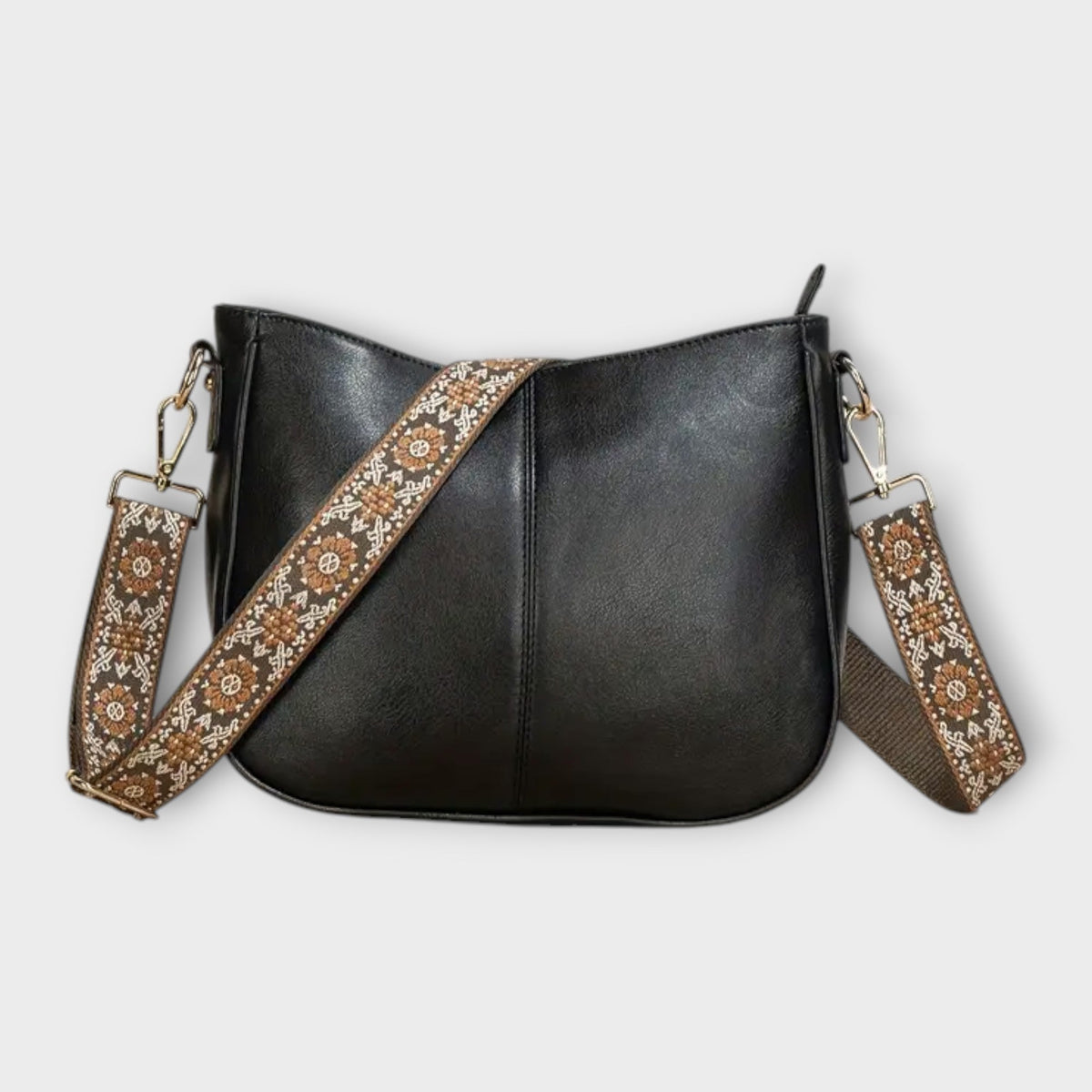 Women's Crossbody Bag with Embroidered Strap - Black