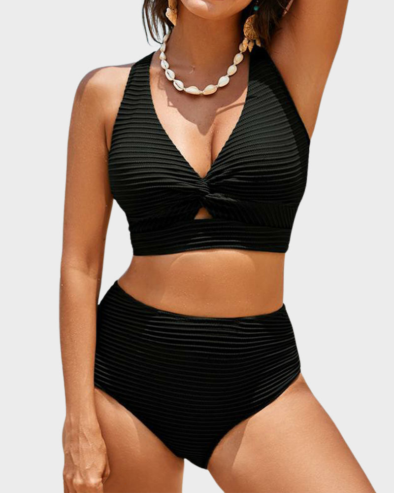 Twist-Front Ribbed High-Waisted Bikini Set - 8