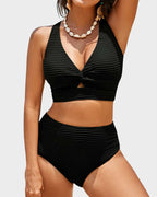 Twist-Front Ribbed High-Waisted Bikini Set - 8