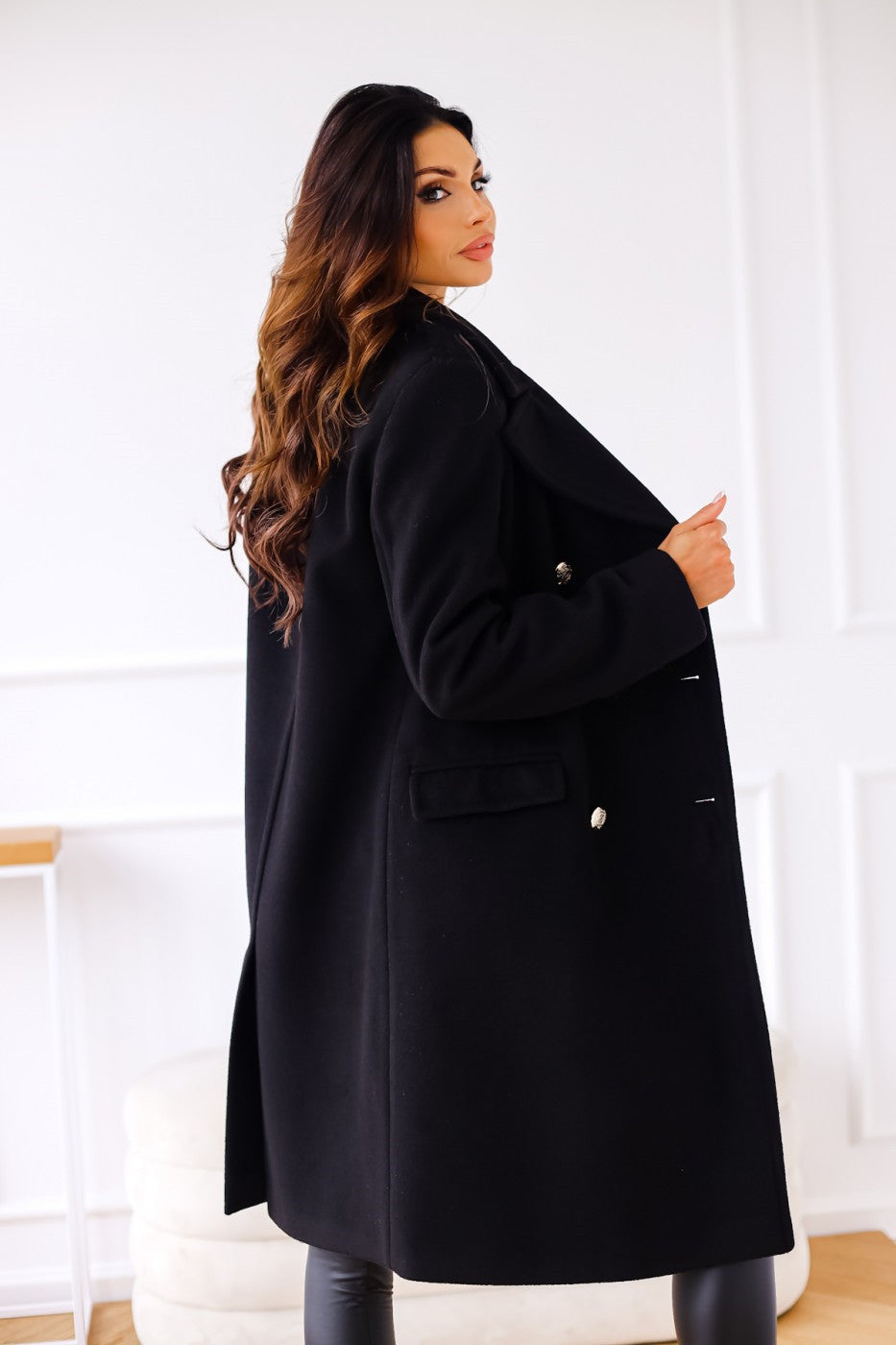 Women's Double-Breasted Wool Coat Gold Button Detail - 12