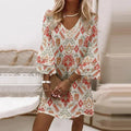 Women's Mini Dress with Flared Sleeves and V-Neck - Beige