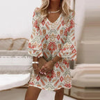 Women's Mini Dress with Flared Sleeves and V-Neck - Beige