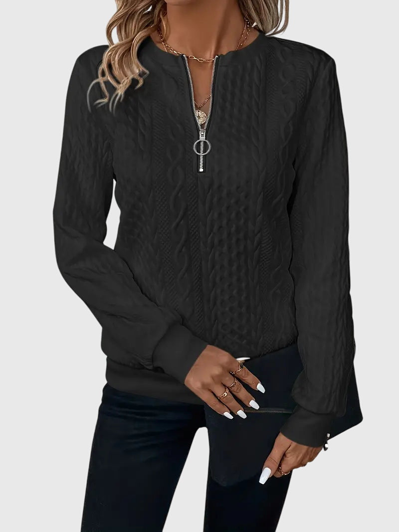 Women's Jumper with Zip Detail and Cable Knit Texture - Black