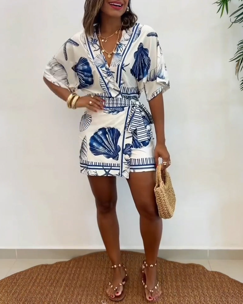 Women's Romper V-Neck Half Sleeve Wrap Knot with Seashell Print - 5