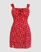 Women's Floral Print Cami Romper with Skort and Tie Front - 6