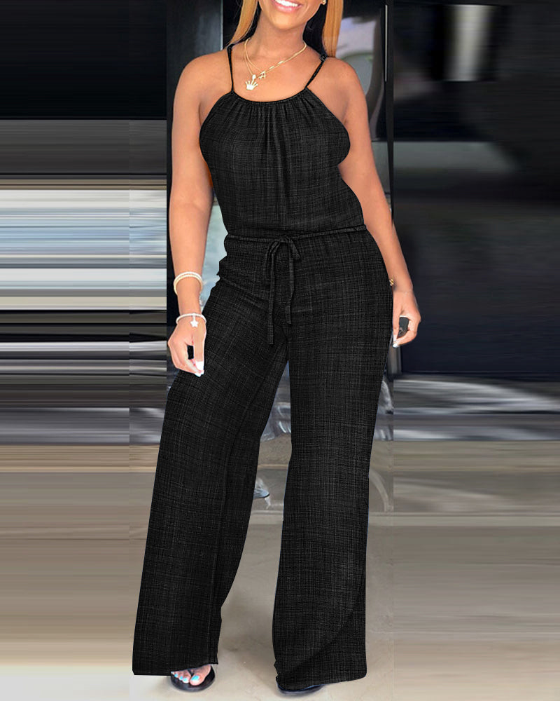 Women's Spaghetti Strap Jumpsuit with Tied Waist and Wide Leg - 9