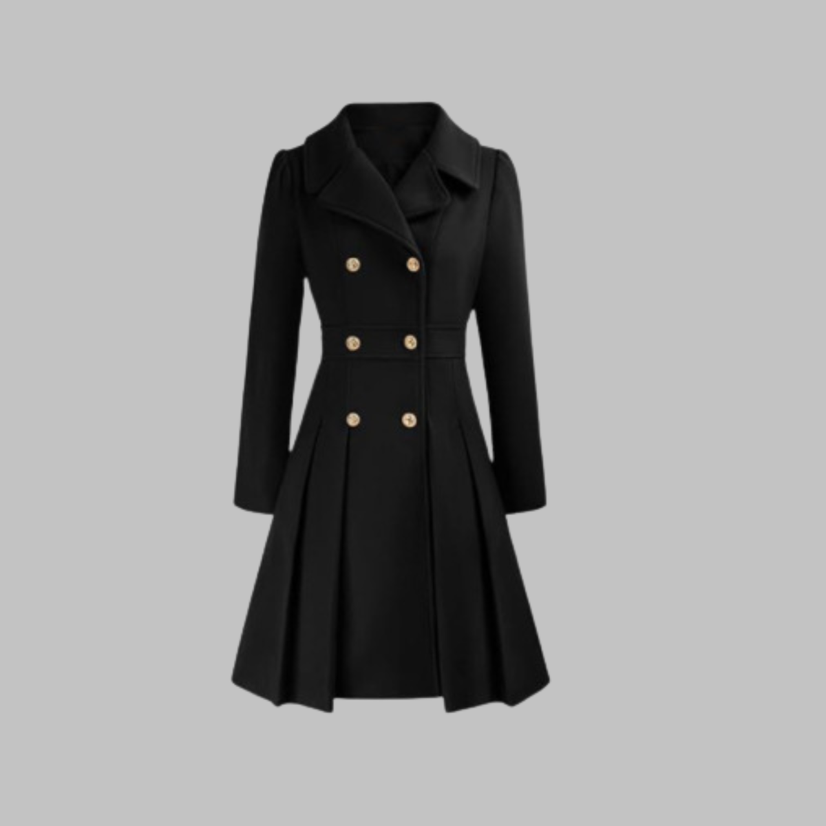 Women's Double-Breasted Long Sleeve Coat with Pleated Skirt - Black