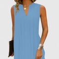 Women's Sleeveless Dress with V-Neck and Pleated Detail - Blue