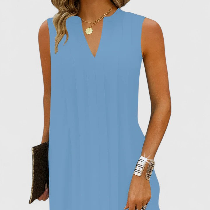 Women's Sleeveless Dress with V-Neck and Pleated Detail - Blue
