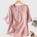 Women's Blouse with Peter Pan Collar and Short Sleeves - Pink