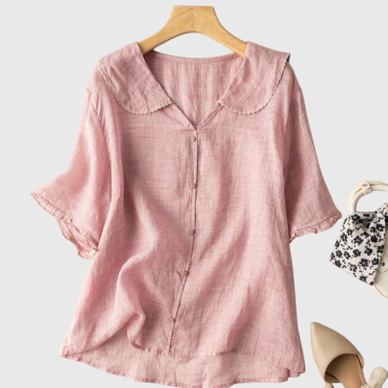 Women's Blouse with Peter Pan Collar and Short Sleeves - Pink