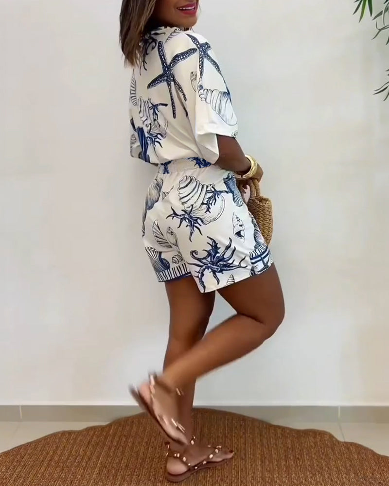 Women's Romper V-Neck Half Sleeve Wrap Knot with Seashell Print - 6