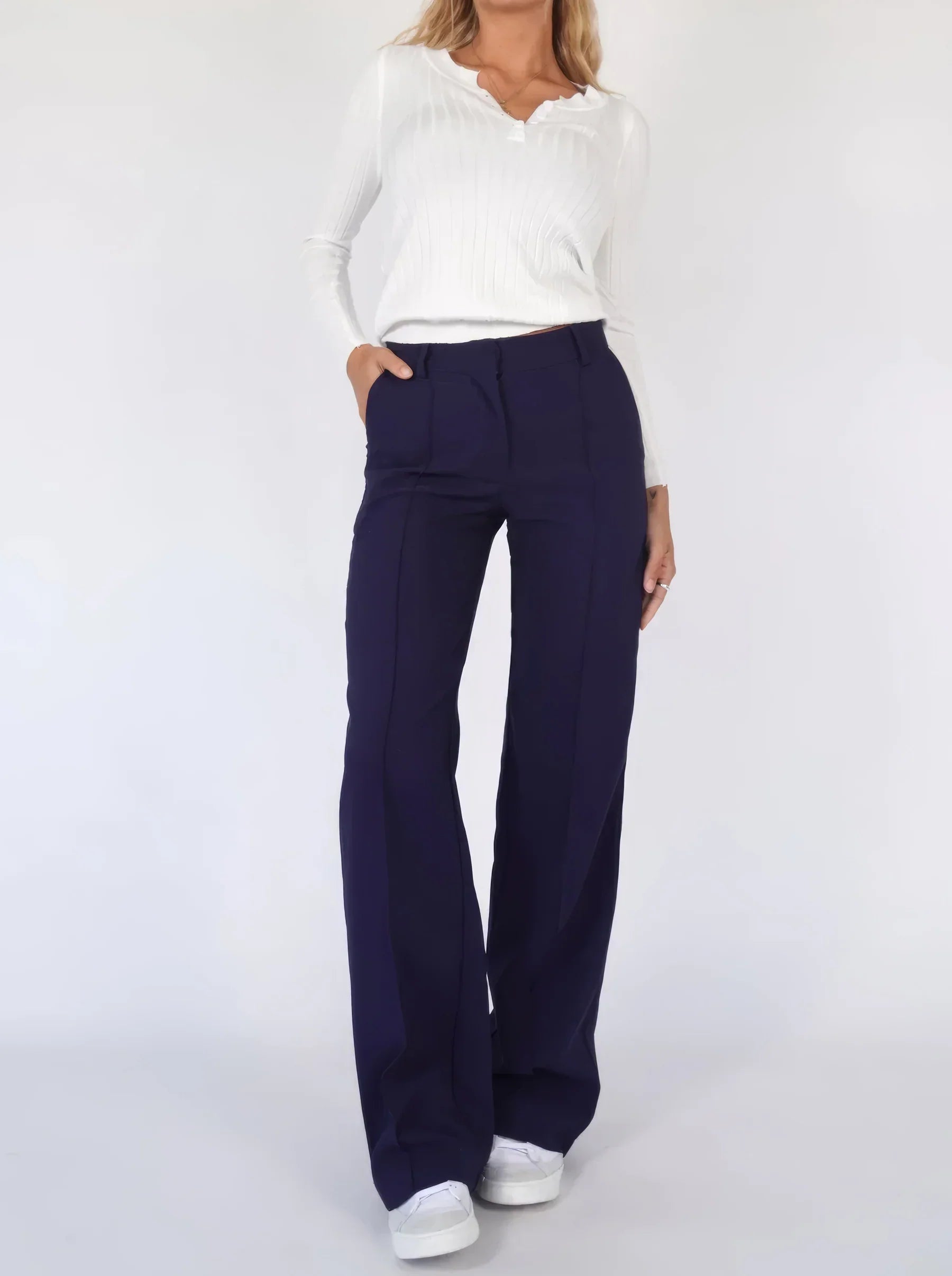 Women's High Waist Wide Leg Trousers with Tailored Finish - Blue