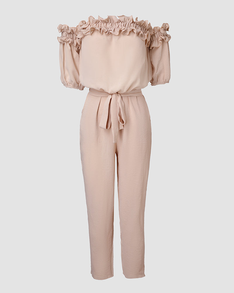 Women's Off-Shoulder Jumpsuit with Frill Trim and Tie Waist - 4